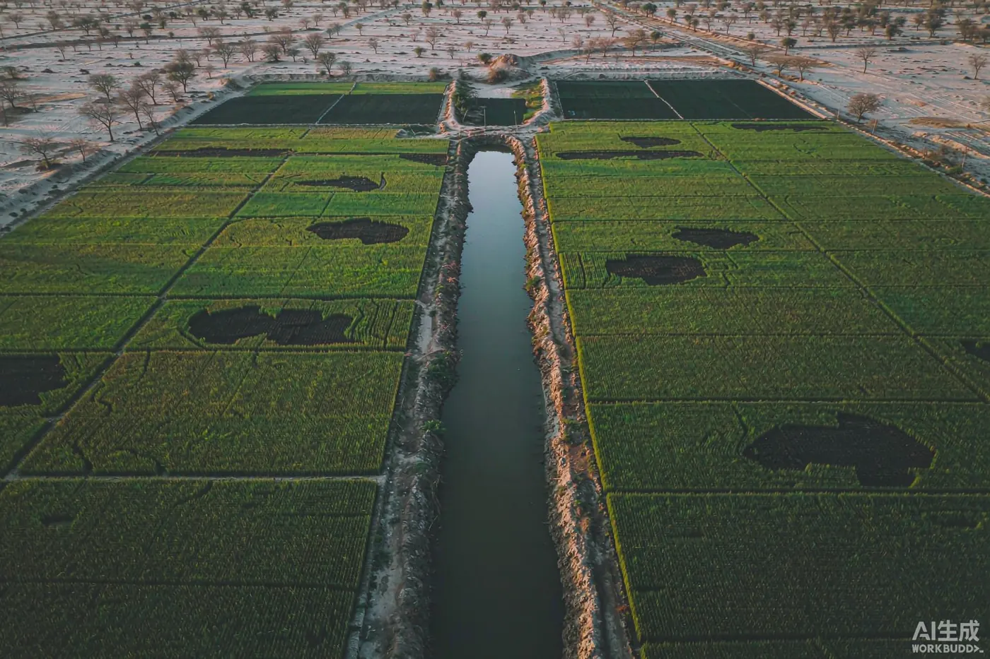 Illustration: aerial view of canal irrigation through farmland - decorative image