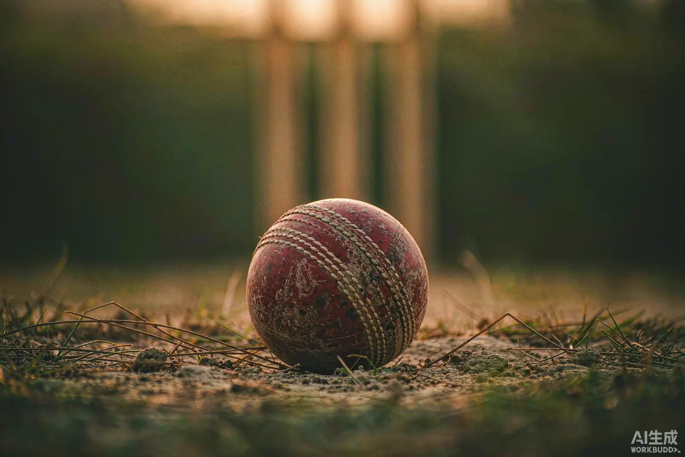 Illustration: a worn red cricket ball on a dry rural pitch, stumps blurred in the background - decorative image