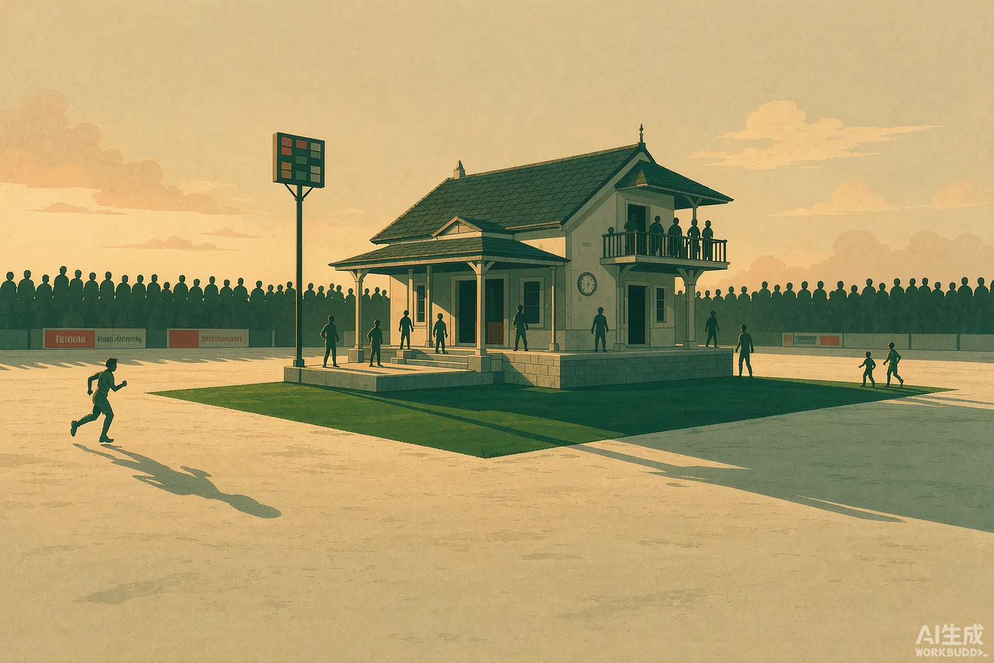 Illustration: a 1990s first-class cricket ground in South Asia with a pavilion, scoreboard and bowler mid-jog - decorative image