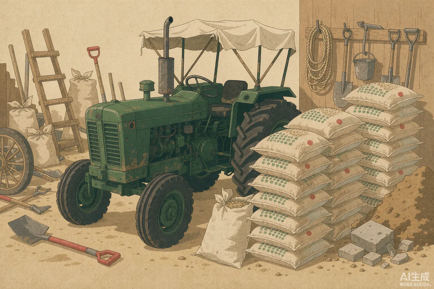 Illustration: a green tractor, farm tools and fertilizer sacks at a rural workshop - decorative, not an actual photo of a Burewala business