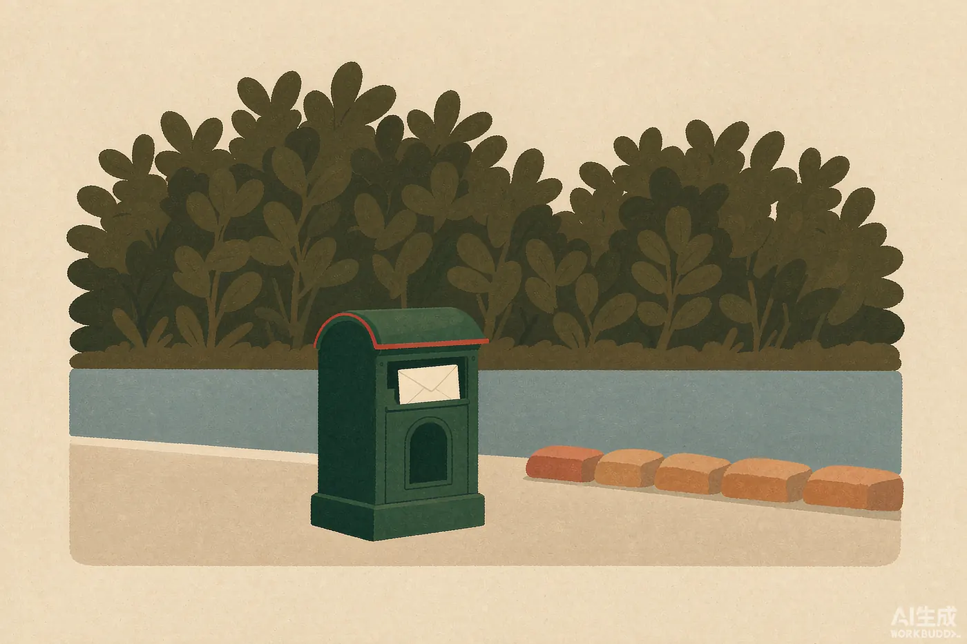 Illustration: a green letterbox with an envelope on a quiet rural roadside - decorative image