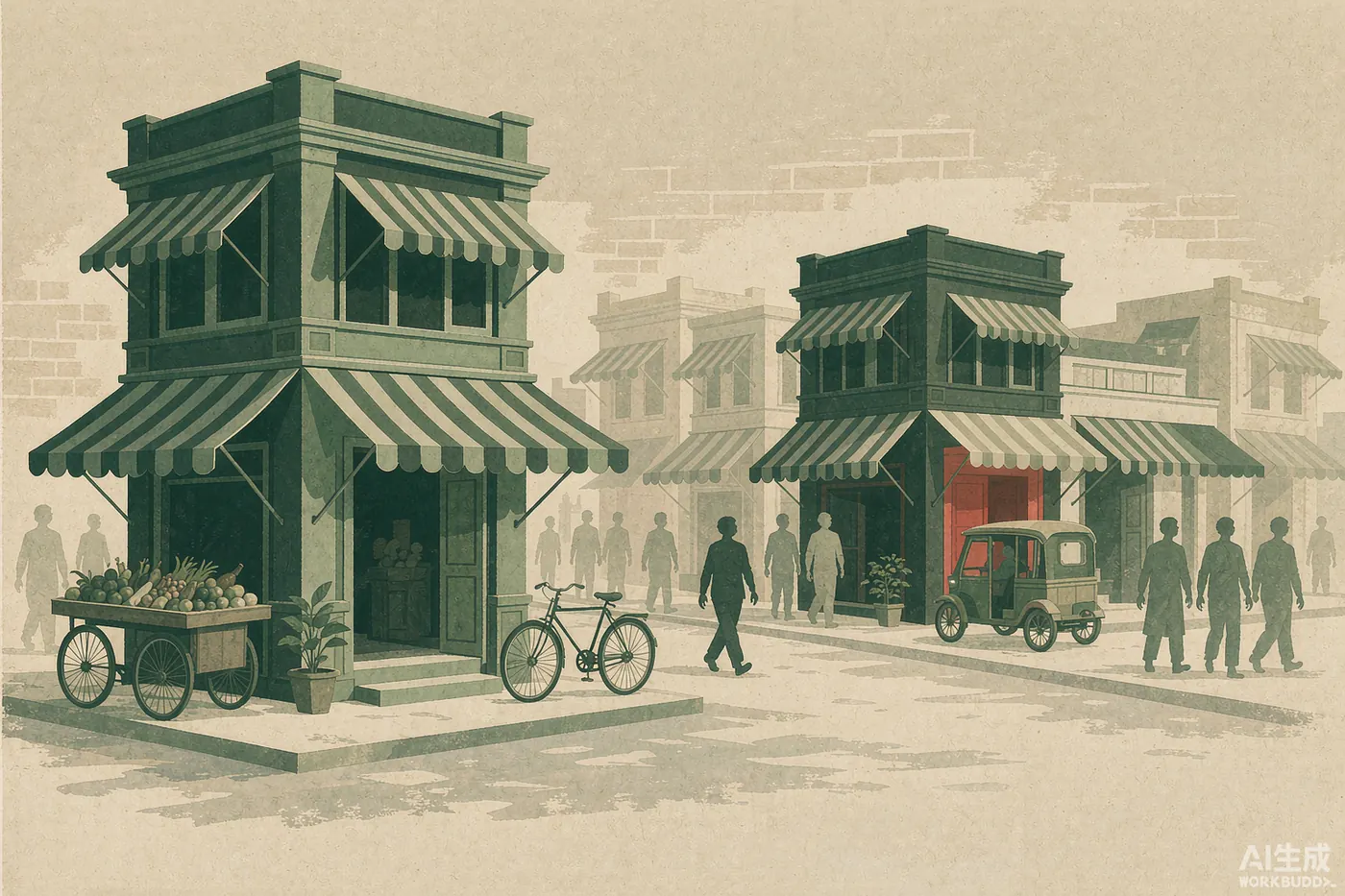 Illustration: shops with striped awnings, a fruit cart and a rickshaw on a small-town Punjab street - decorative, not an actual photo of Burewala