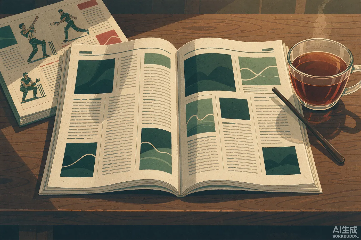 Illustration: an open newspaper and a cup of chai on a wooden desk - decorative image