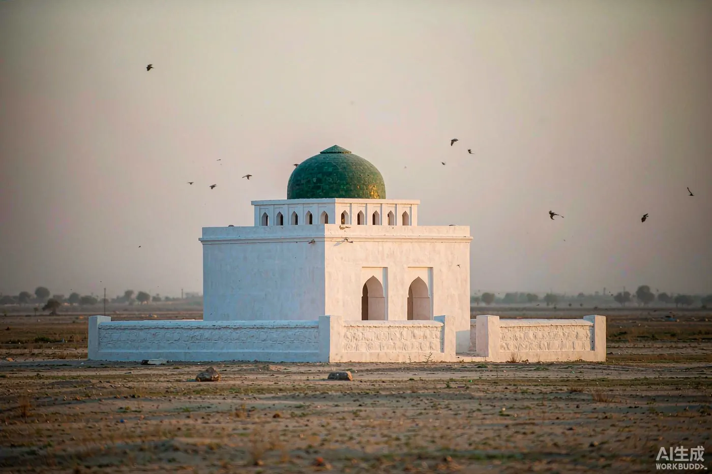 Illustration: whitewashed South Asian Sufi shrine with green dome - decorative, not the actual shrine