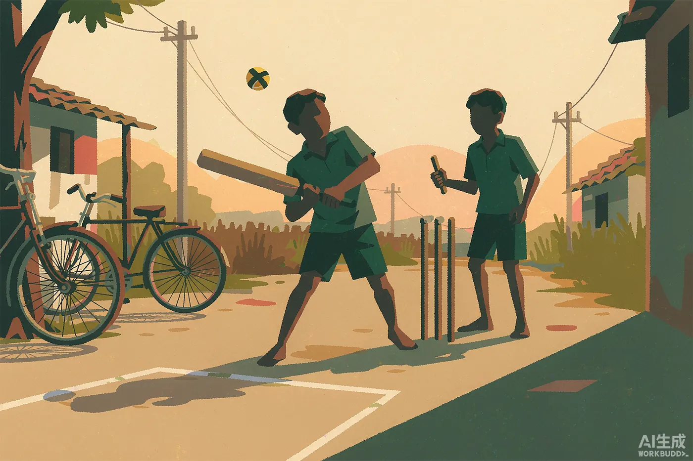 Illustration: village boys playing street cricket with a taped ball and a plank wicket at dusk - decorative, evoking the scene, not an actual photo