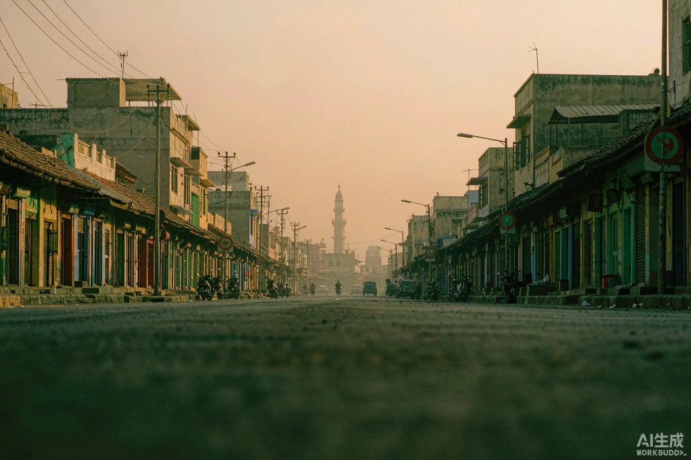 Illustration: a South Asian town main road at golden hour — decorative image, not a photograph of Burewala